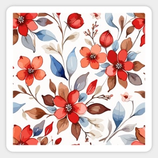 Red Flowers Light Blue Leaves Pattern on White Sticker